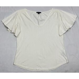 J Crew White Short Flutter Sleeve V- Neck Cotton Top T-Shirt Feminine Size M